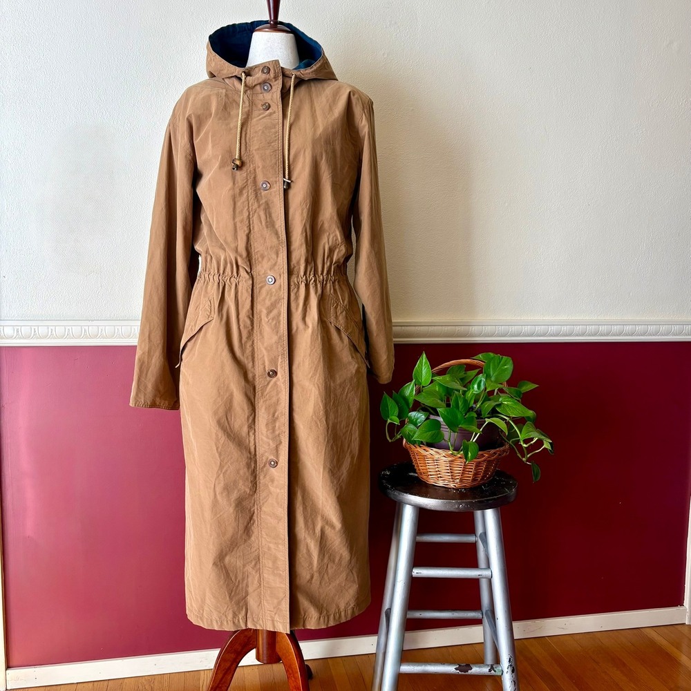 Vintage Eddie Bauer Long Hooded Duster Jacket M Tan Navy Fisherman Heritage Coat